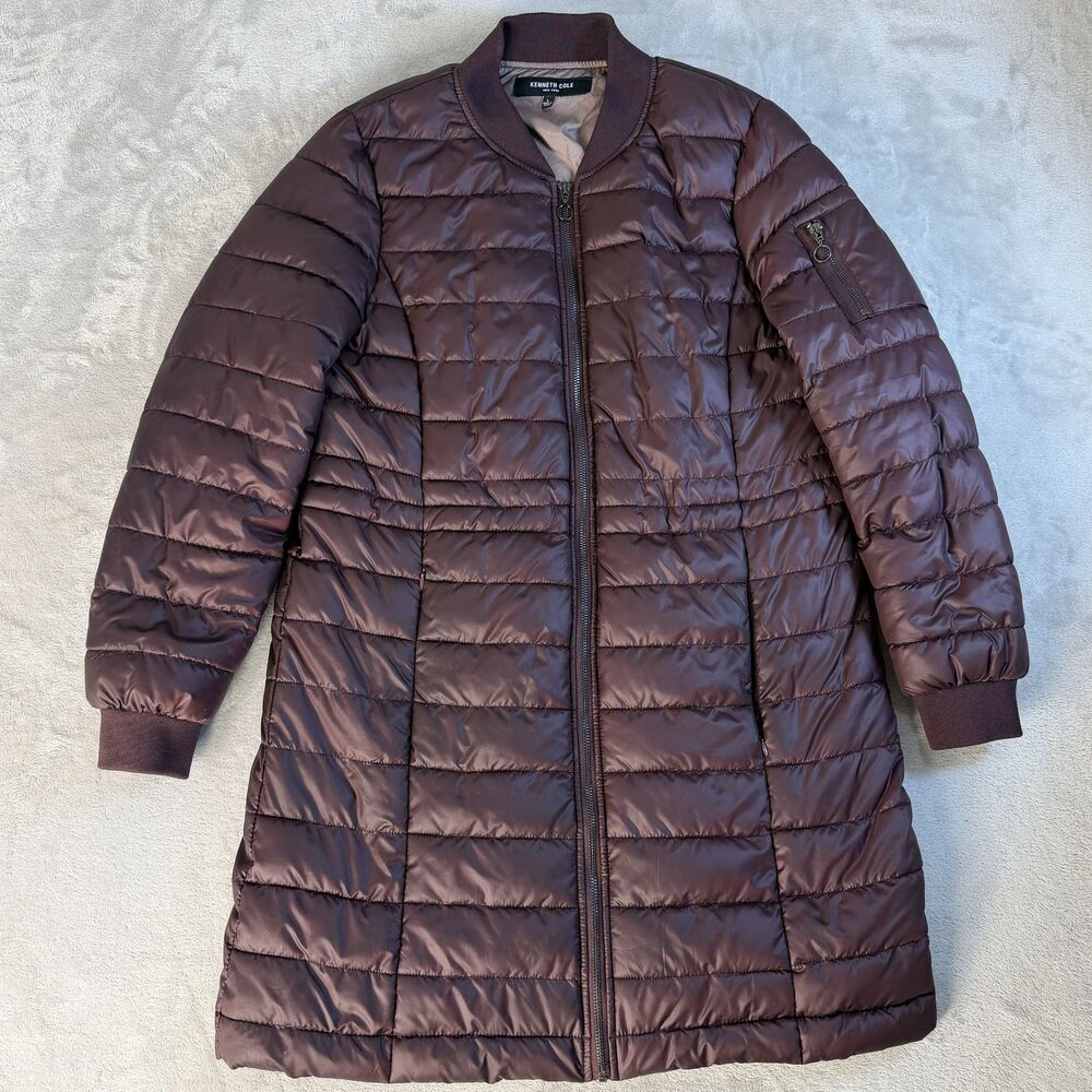 Kenneth Cole New York Women's Burgundy Quilted Puffer Bomber Jacket Coat Size L